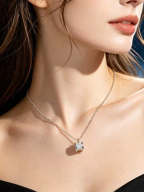 MOEMTON Full Rhinestone Slim Waist Cylinder Silver Necklace For Women, Luxury Double Layer Rhinestone Inlaid Lucky Bead Pendant, Fine O-Chain, High-End Commuter Versatile Jewelry Gift For Girlfriend, Best Friend, Birthday, Anniversary, Collarbone Necklace