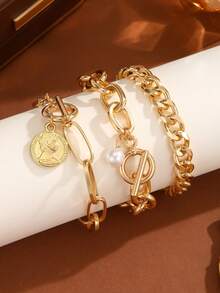 3Pcs Gold Chunky Chain Bracelet Set, Vintage OT Toggle Clasp Cuban Link Bracelet For Women Daily Party Jewelry Gift - Multicolor - View 7