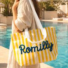 1pc Personalized Striped PVC Beach Tote Bag, Customized Rope Strap Name Shoulder Bag, Large Capacity Pool Bag, Birthday Gift For Her, Summer Vacation Shoulder Tote Bag - Multicolor - View 6