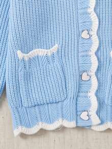 Preppy White Contrast Trim Knit Cardigan, V-Neck Heart Button Patch Pocket Short Jacket, Autumn Thanksgiving Streetwear - Blue - View 10