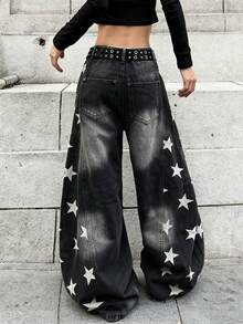 1 buah Celana Jeans Denim Wanita Gaya Jalanan Jepang Patchwork Motif Bunga Laser Longgar Model Kepompong Kaki Lebar, Kasual Sepanjang Musim - Hitam - View 2