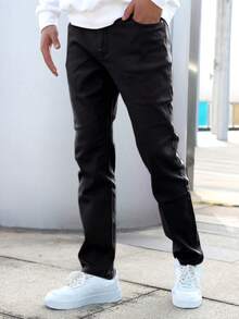 Jeans de corte slim con cremallera y unicolor para hombre - Negro - Ver 1