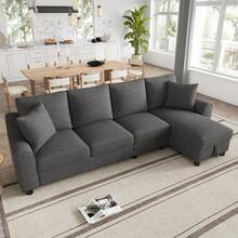 Modern Chenille L-Shape Sofa 3 Seater + Corner Unit, Corner Unit With Folding Storage, Adjustable - 灰色四座 - 查看 1