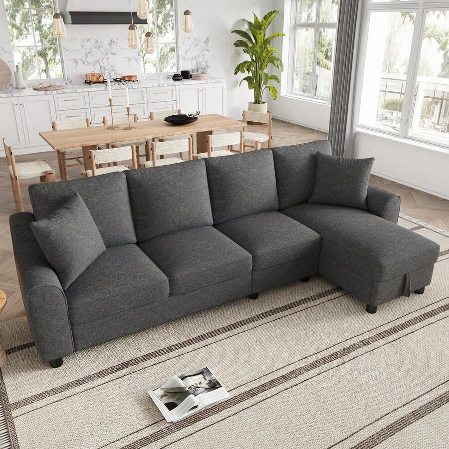 Modern Chenille L-Shape Sofa 3 Seater + Corner Unit, Corner Unit With Folding Storage, Adjustable - 灰色四座 - 查看 1