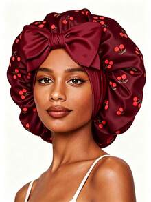 CONFLASS Cherry Patterned Round Bonnet With Bow And Long Ribbon Layers, Silk Tie Sleep Cap, Satin Lined, Suitable For Women's Curly Hair, Braids And Natural Hairstyles - Multicolor - View 8