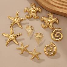 5 pares de pendientes con diseño de concha de caracol dorada & estrella de mar, conjunto de pendientes de concha, estilo aleatorio, sin caja - Amarillo Oro - Ver 4