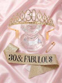 2pcs/Set Birthday Crown & Sash Gift Set, Gold Rhinestone Tiara And Glitter Fabulous Sash, Suitable For Women & Girls Sweet 16, 21st, 40th, 50th, 60th Birthday Party Decoration - Gold - View 16