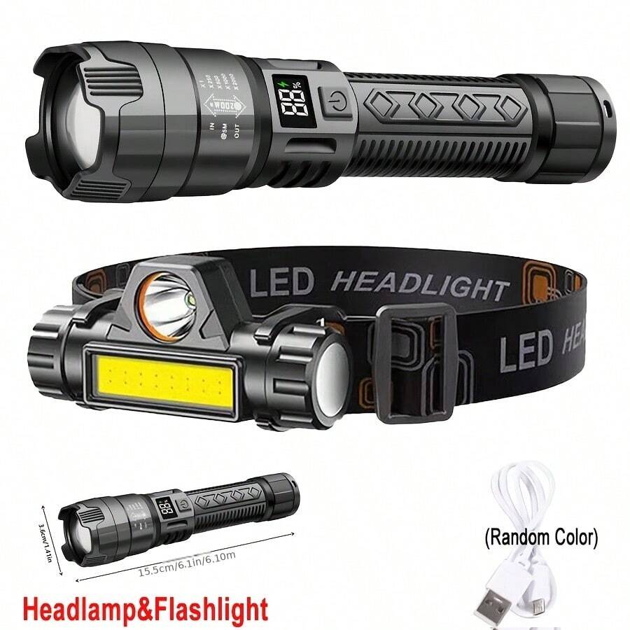 Multi-Functional Headlamp & Flashlight, ABS Material Rechargeable Light With Power Indicator, Super Bright Portable Torch For Night Lighting, Power Outage Emergency & Repair Work - Multicolor - View 1