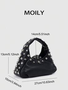 Bolso de mano y de hombro para mujer estilo Y2K Punk con diseño de remaches, cierre de cremallera, material de PU - Negro - Ver 2