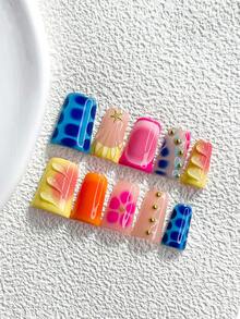 10件多巴胺風手工穿戴甲，Polygel美甲套組，海星、水滴與花卉圖案，藍色、黃色與粉色指甲油，鮮豔風格，附美甲工具，3種尺寸可選，杏仁形、鴨嘴形、棺材形，適合派對、跳舞、日常穿戴 - 彩色 - 查看 15