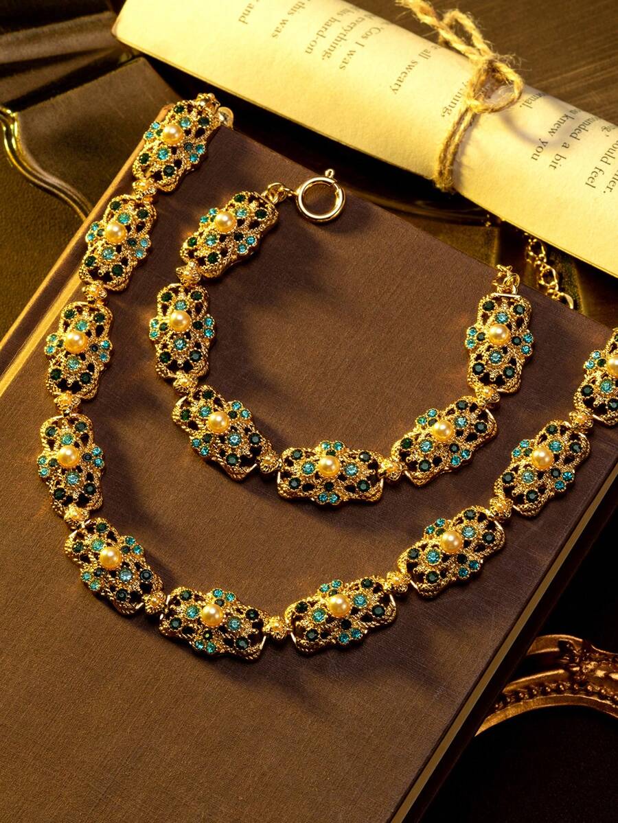 1pc Bracelet 1pc Necklace Women's Fashion Jewelry Hollow Design Palace Luxury Elegant Victorian High-End Set Suitable For Banquet Party Daily Wear - Multicolor - View 1
