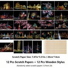 12 Pcs Scratch Postcard, World Famous City Night Scene Scratch Drawing For Teens & Adults, Includes 12 Pre-Printed Cityscape Designs & 12 Scratching Pen, Stress Relief & Screen-Free Activity, Perfect Unique Gift For Men, Women, Christmas, Birthday - 12-piece Scratch Paper Set - View 2