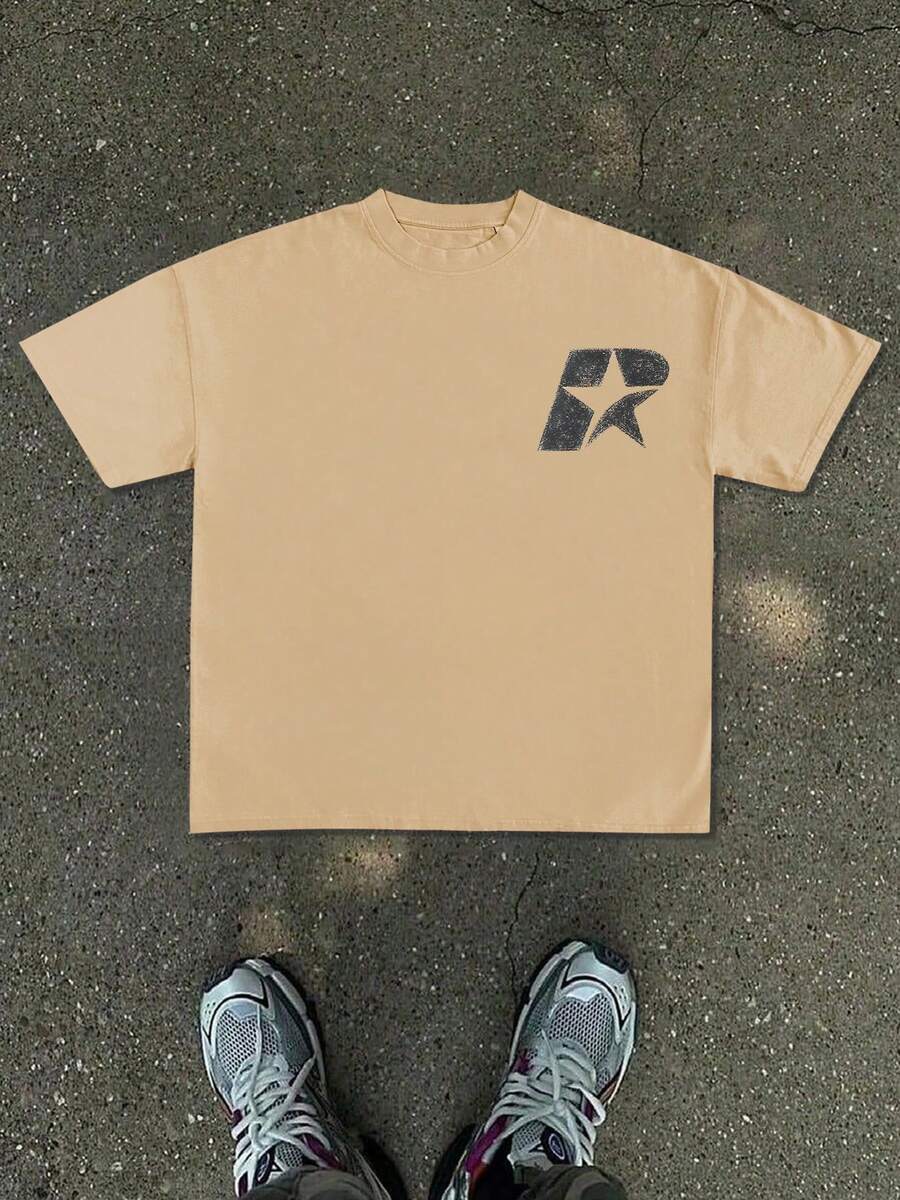 New Men's T-Shirt, Minimalist White Base Pattern With An Abstract Geometric Lettering Graphic In Vintage Style On The Left Chest, Minimalist And Versa - 杏色 - 查看 1