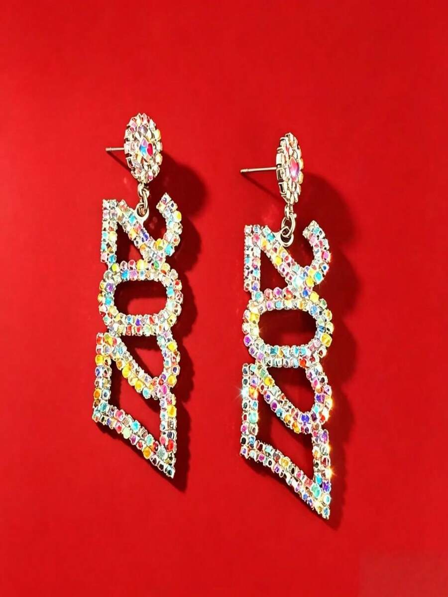2027 Digital Long Rhinestone Drop Earrings Round Diamond / Heart Diamond Stud Earrings Multicolor Rhinestone New Year Party Atmosphere Earrings - Round 2027 Earrings - View 1