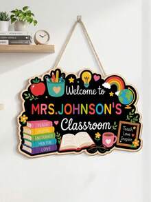 Customized Name Teacher Classroom Wooden Sign, Colorful Apple Rainbow Welcome Door Hanging Decor, Kindergarten/Elementary School Classroom Decoration, Teacher Appreciation Gift, Back To School Season, School Supplies, Personalized Gift, Teacher's Day Gift, Middle School Students - Multicolor - View 7