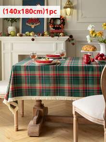 1 pieza Mantel de mesa con borlas para Navidad, mantel rectangular de cuadros vintage americano para mesa de comedor, mantel de mesa de café con ambiente fotogénico, lavable, adecuado para cocina, comedor, sala de estar, fiesta de vacaciones, casa de huéspedes - Verde - Ver 8