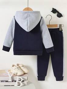 2pcs/Set Boys Casual Letter Print Hooded Baseball Jacket, Infant Baby Patchwork Sweatshirt And Pants Sports Outfit, Autumn/Winter - Navy Blue - View 2
