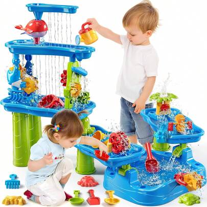 5-Tiers Luxury Water Table With Accessories, 30 Inch Tall Children's Sand And Water Play Table Summer Fun Showers Splash Pool, Outdoor Garden Beach Toys For Kids Gift Birthday Presents