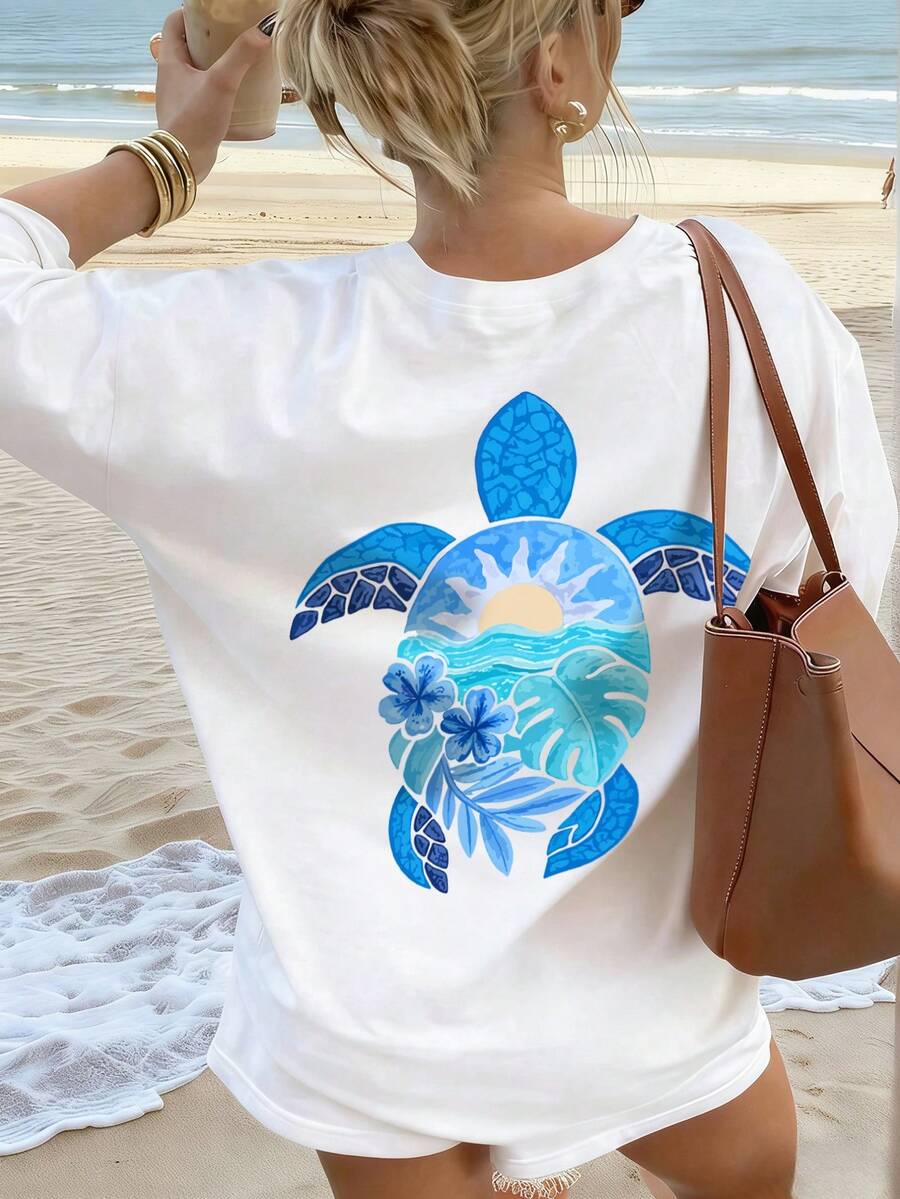Women's Summer Tropical Turtle Back Print Loose Round Neck Short Sleeve Casual Vacation Top White - White - View 1