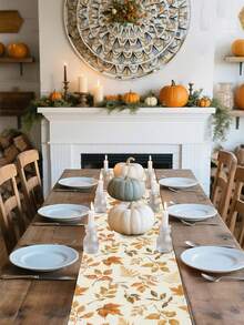 1pc Autumn Leaves & Berries Table Runner - Polyester Material, Rectangular Autumn Decor, Suitable For Thanksgiving, Kitchen And Dining Room, Festive Orange, Brown And Green Leaf Pattern On Cream Background, Perfect For Holiday Parties, Home Autumn Decoration - Ginger - View 5