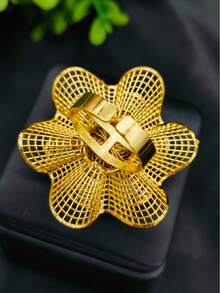 1pc Fashion Women's Copper Plated Gold Flower Open Ring, Middle East Dubai European American Saudi Arabia Africa Bridal Banquet Dress Accessory, Mother's Day Valentine's Day Date Holiday Gift Jewelry - Yellow Gold - View 3