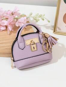 CHARM INFINITE Dompet Koin Mini Bentuk Kubah Warna Macaron dengan Gantungan Kunci dan Hiasan Rumbai, Kulit Bertekstur Leci, Tas Penyimpanan Earphone & Lipstik Portabel, Gantungan Kunci, Cocok untuk Anak Perempuan - MultiWarna - View 4