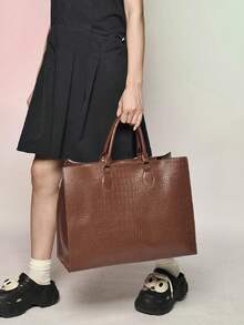 Embossed Large Capacity Tote Bag, PU Leather Top Handle Handbag, Structured Shoulder Bag For Business Commute Daily Office - Coffee Brown - View 5