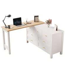 Rotating Desk With Cabinet - 2 In 1 - Shelf And Sideboard, Oak White Finish - White and Oak - View 7