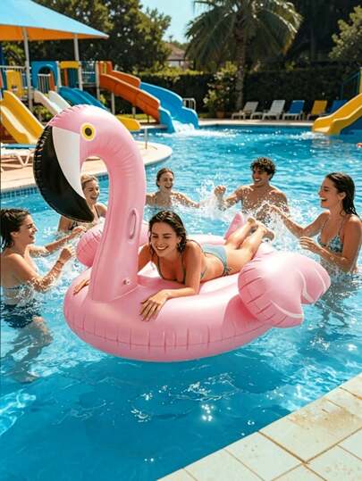 1pc Luxury Feather Decor Pink Flamingo Inflatable Ride-On Float, Thickened PVC Durable Pool Float, Summer Beach Vacation Photo Prop