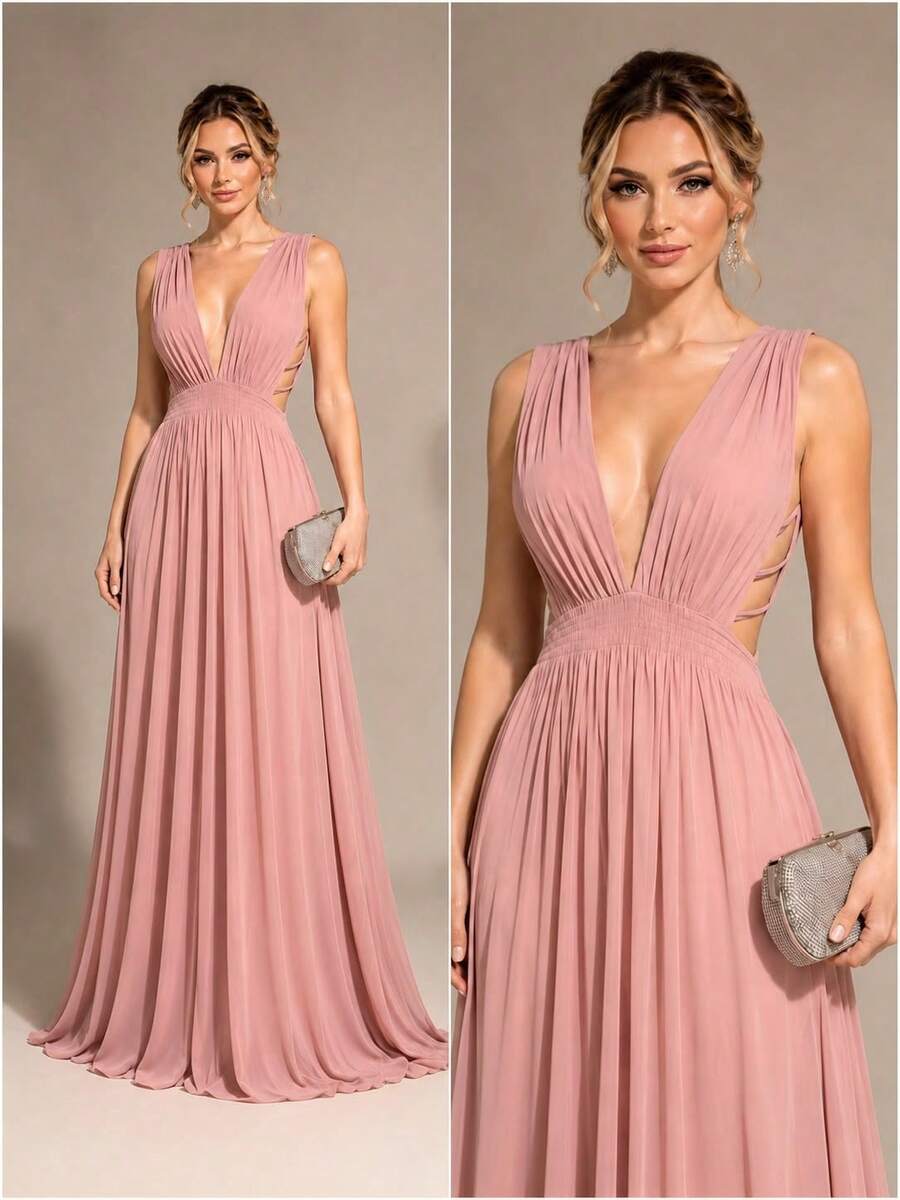Inexpensive Bridesmaid Dress For Parties, Guests, Receptions, Graduations, Without Glitter, Open On The Side. - Rosa Oxidada - Ver 1