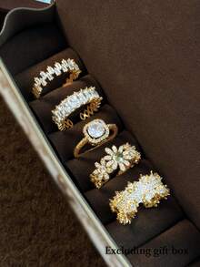 5pcs Fashion Cubic Zirconia Flower Open Copper Ring Set, Suitable For Women's Daily And Wedding Wear - Yellow Gold - View 3