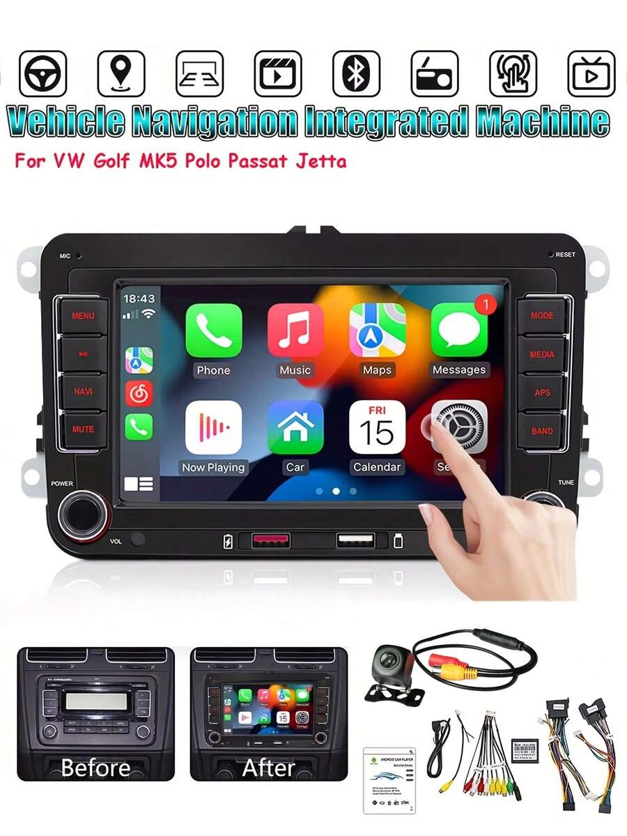 適用於 VW Golf MK5 MK6 Jetta Beetle Passat Sharan Tiguan Touran Seat Polo 的汽車收音機，支援無線 CarPlay 與 Android Auto，7 吋 VW 觸控螢幕主機 / 倒車顯影（可選），含 FM AM 收音機