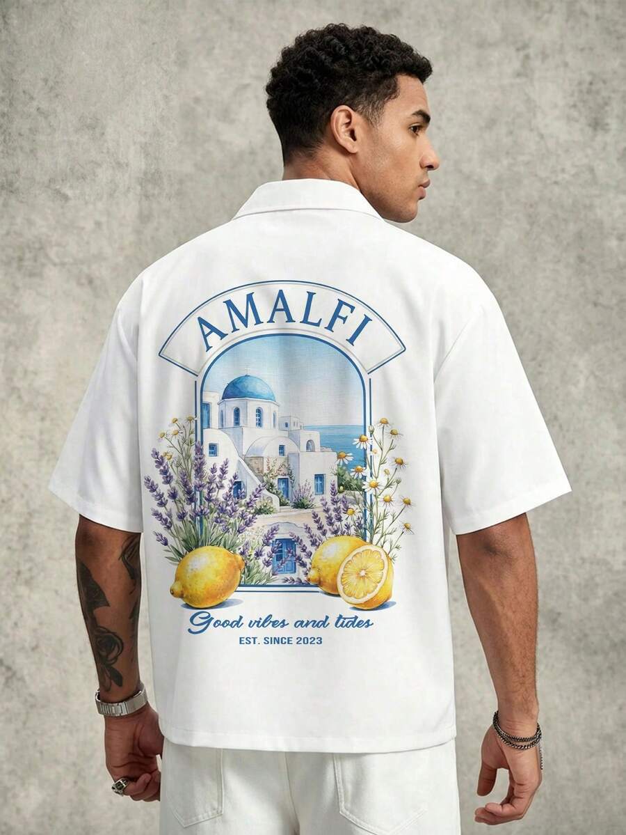 Men's Summer Fashion Amalfi Casual Vacation Lemon Pattern Short Sleeve Shirt, Casual Daily Wear - White - View 1