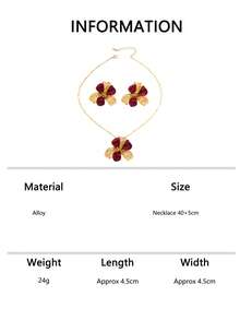 3pcs/Set Vintage Burgundy Oil-Drip Three-Petal Flower Set Earrings Necklace Embossed Texture Metal Flower Luxury Banquet Dress Accessories - Burgundy - View 6