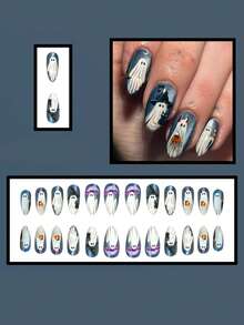 Halloween, 24pcs/Set Medium-Long Cat Eye Dark Night Cute Ghost Design Full Coverage Press-On Nails, Includes: 1pc Jelly Glue And 1pc Nail File, Suitable For Women And Girls Daily, Party And Other Occasions. - Multicolor - View 4