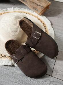 Vintage Women's Closed-Toe Slippers With Adjustable Metal Buckle, Soft Cork Sole Slip-On Mule Shoes For Multi-Season Outdoor Wear - Dark Brown Fleece Lining - View 6