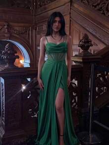Birthday Dress For Women, Party Dresses For Women, Elegant Dress, Solid Color Elegant High Slit To Thigh With Tie, Woman's Dress For Birthday Party, Formal Evening Event, Photoshoot, Wedding Guest, Back To School Party, Bachelorette Party, Fall Dresses For Women - Dark Green - View 2
