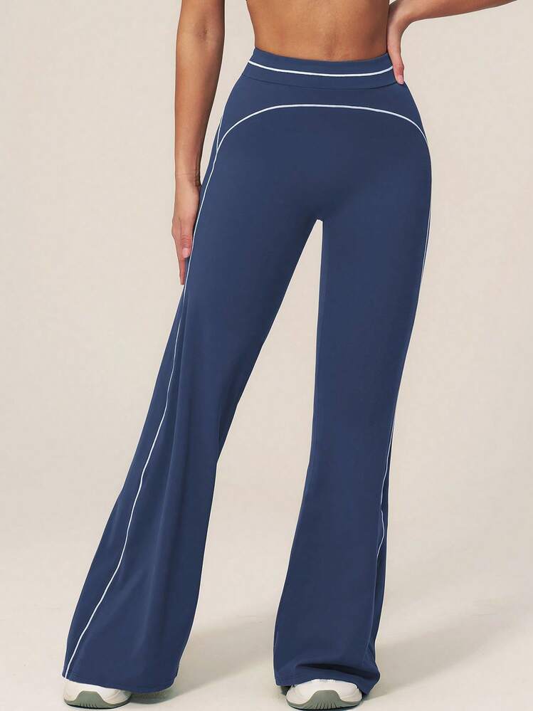 TimeOff Women's 1pc Contrast White Line High Waist Tummy Control Butt Lifting Wide Leg Sports Pants - Navy Blue - View 7