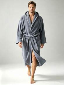 1 pieza Albornoz de hombre con capucha color gris, estampado de piña y cuadros, unicolor, cómodo, transpirable, suave, de felpa, absorbente y de secado rápido, largo para uso en casa, adecuado para hogar/spa/hotel/ocio, para todas las estaciones, decoración de baño - Bata de baño con capucha - Piña - Gris - Ver 8