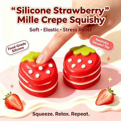 1pc- Silicone Strawberry Mille Crepe Fidget Toy-Squishy>Jumbo-Squishy Toys-Keychain-Toys For Adults Women-Party Favors-Sensory Toys Autistic