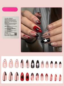 24pcs Medium Almond Shape Press-On Nails, Y2K Cute Style Halloween Polka Dot Black Star Acrylic Black French Tip Manicure, Suitable For All Women/Girls Daily Wear And Holiday Party, Theme Party Nail Supplies - Red - View 2