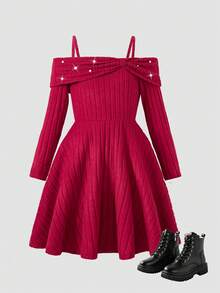 Tween Girls School Dress Autumn New Back To School Dress Fashion Versatile Red Ribbed Off-Shoulder Strap Beaded Decor Design Patchwork Casual A-Line Dress Elegant Vintage Princess Dress Suitable For Outdoor Wear - Red - View 2