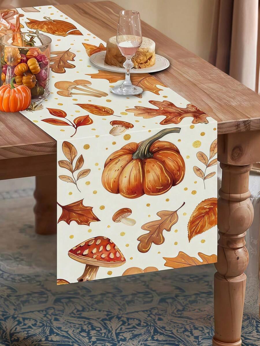 Autumn Farmhouse Style Linen Table Runner - Pumpkin, Mushroom, Leaf And Gold Polka Dot Pattern - Woven Rectangular Thanksgiving Kitchen Dining Room Decor - 1pc, Multiple Sizes Available - Orange - View 1