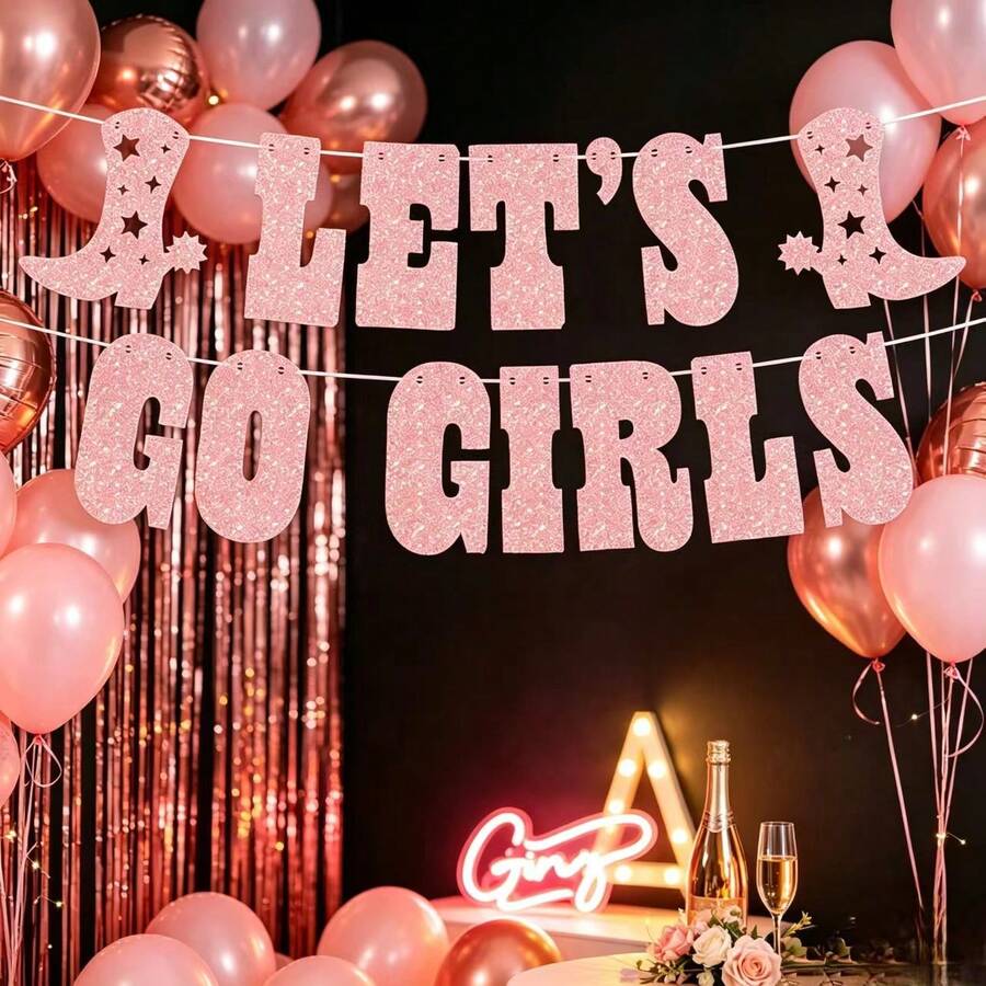 1 Set "Let's Go" Glitter Banner - Silver, 5 Ft | Bachelorette Party Decor, Cowgirl Theme Birthday Party, Last Rodeo Backdrop, Nashville, Rodeo Themed - Glittery Rose Gold (1 Set) - View 1