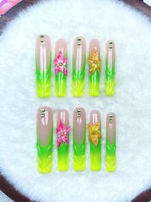10pcs Extra Long Nude Lime Green Gradient Press On Nails,3D Sea Star,Pink Yellow Florals Tiny Green Beads Glossy Reusable Fake Nails,Suitable For Holiday Gifts,Summer Beach Vacation,Trips Parties,1 Jelly Gel & Mini Nail Rubbing Strip - Multicolor - View 2