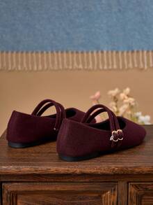 Women's Square Toe Low Vamp Burgundy Office Work Shoes Flat Mary Jane Ballet Shoes, Thermal Lined Warm Winter, Double Strap Buckle - Burgundy - View 5