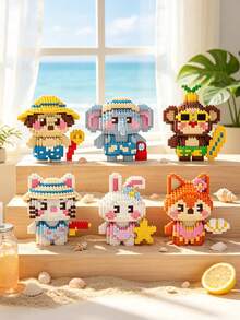 1500pcs Mini Micro Building Blocks Summer Beach Animal Series DIY Assembly Figurine Cute Cartoon Elephant Monkey Fox Rabbit Kitten Desktop Home Decor Holiday Stress Relief Handmade Ornament Gift For Teens And Adults - Multicolor - View 1