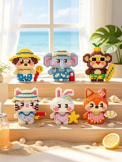 1500pcs Mini Micro Building Blocks Summer Beach Animal Series DIY Assembly Brick Figurine Cute Cartoon Elephant Monkey Fox Rabbit Kitty Ornament Desktop Home Decor Holiday Stress Relief Craft Ornament Gift For Teens Adult Halloween