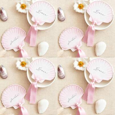 60 Pcs Seashell Name Place Cards For Table Setting Table Seating Cards With Frayed Ribbon Pink Scallop Shell Hanging Blank Paper Tags For Birthday Wedding Summer Party