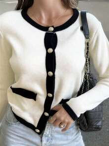 Plus Size Women's Autumn/Winter New White Y2K Color Block Round Neck Long Sleeve Knit Cardigan, Casual Daily Outerwear Fall - Black and White - View 5